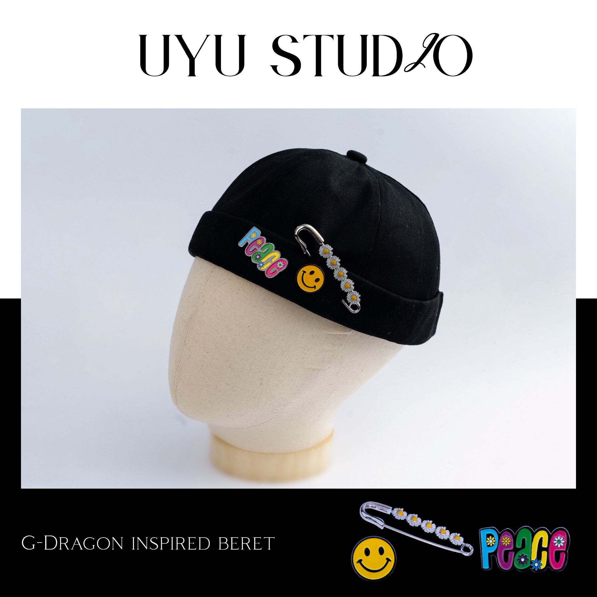 Mũ nồi phong cách GDRAGON kèm pin cài xịn Mũ nồi GDRAGON 3 pin cài kim băng hoa cúc