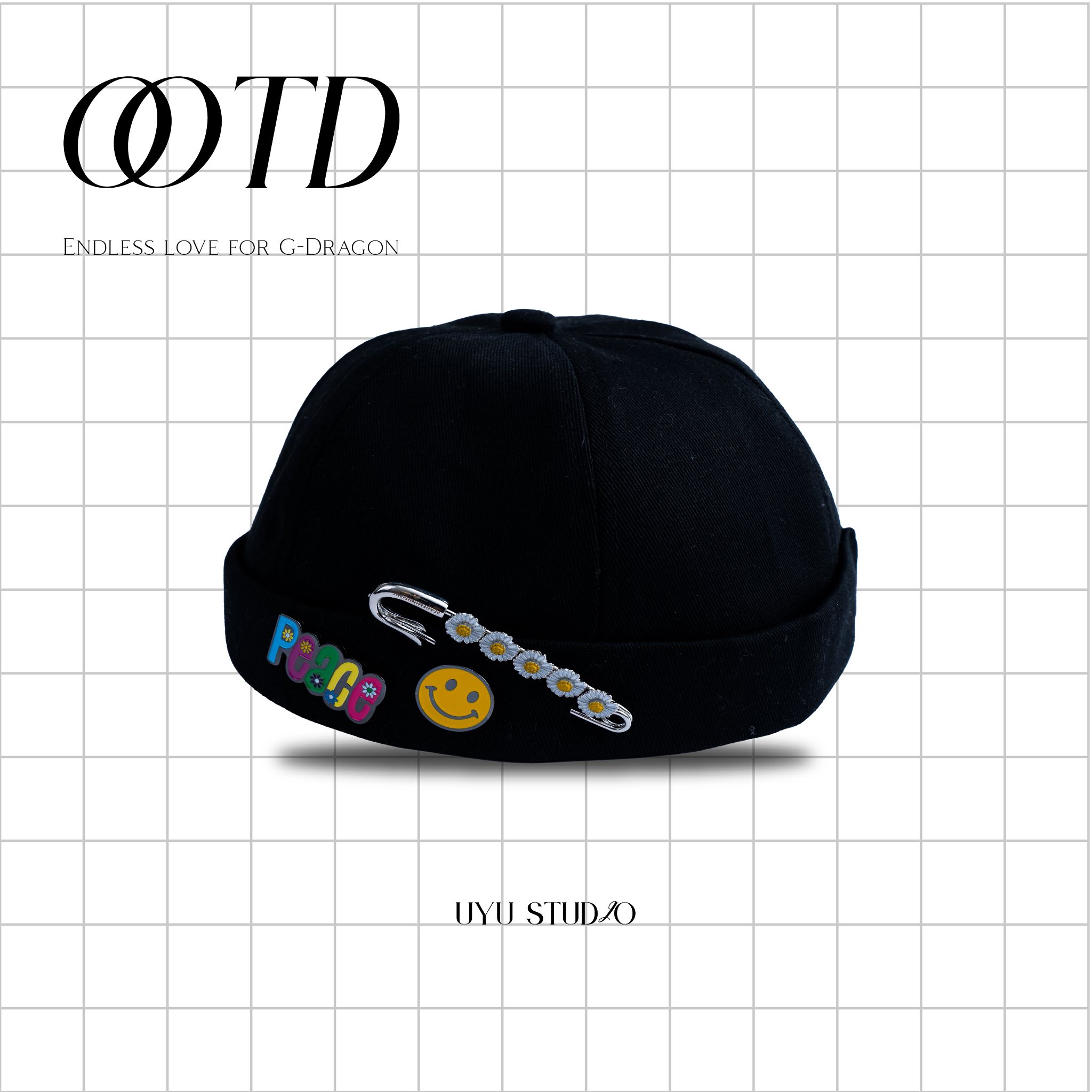 Mũ nồi phong cách GDRAGON kèm pin cài xịn Mũ nồi GDRAGON 3 pin cài kim băng hoa cúc